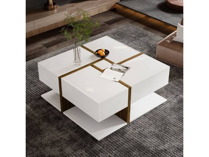 Table Basse - TANANT - Moderne - Carrée - 4 Tiroirs - Blanc+Brun