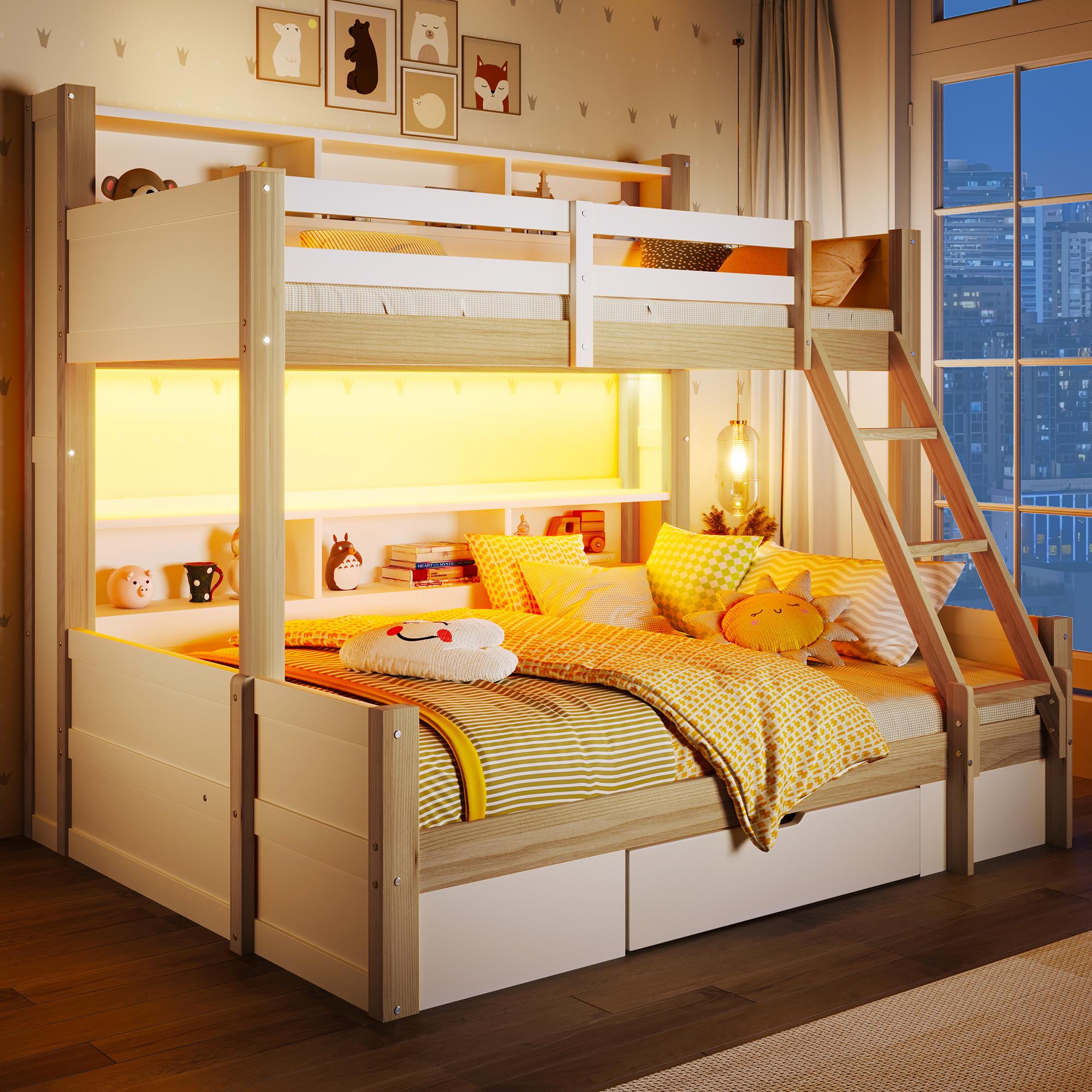Etagenbett 90x200 + 140x200 cm mit LED, offenen Staufächern, Schublade, Bettgitter und flexibel montierbarer Leiter, Weiß/Natur
