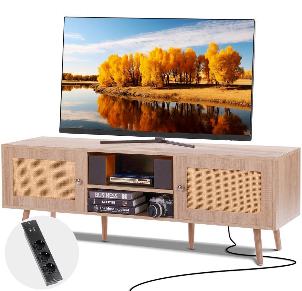TV-Möbel im Boho-Stil, Rattanoptik - für TVs bis 65 Zoll - Tragfähigkeit: 68 kg - Eichenholz