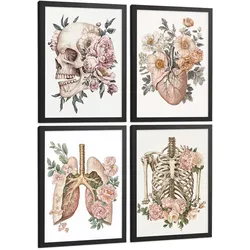 POSTER Set aus 4 Anatomie Mensch Florale Drucke und mit Schädel Herz Lungen und Skelett Botanische Aquarell dekoration Größe Schwarzer Rahmen A4