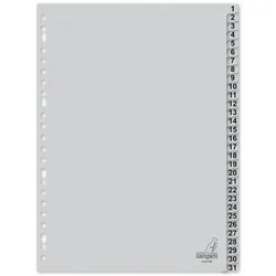 KANGARO 1 bis 31 Zahlenregister  DIN A4 Grau 31-teilig PP (Polypropylene) 23 Löcher G431CM