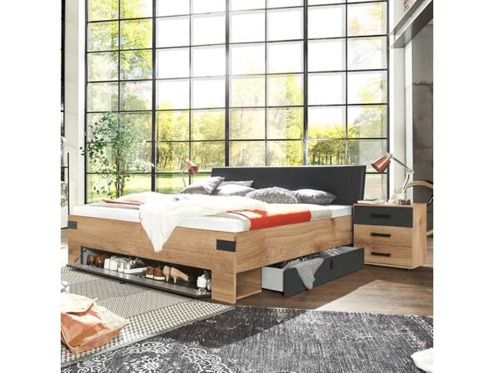 Lomadox Schlafzimmer Set Industrial Style 2 Nachtkommoden Bettgestell 180x200cm Liegefläche Eiche Graphit