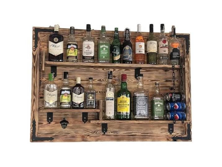weeco Holzregal Hausbar zum Hängen - Handgemacht Rustikale Stil Wand Bar Flaschenregal Holz - Weinbar Regal Geschenk für männer - Hölzernes 3D-Bild Schnapsbar