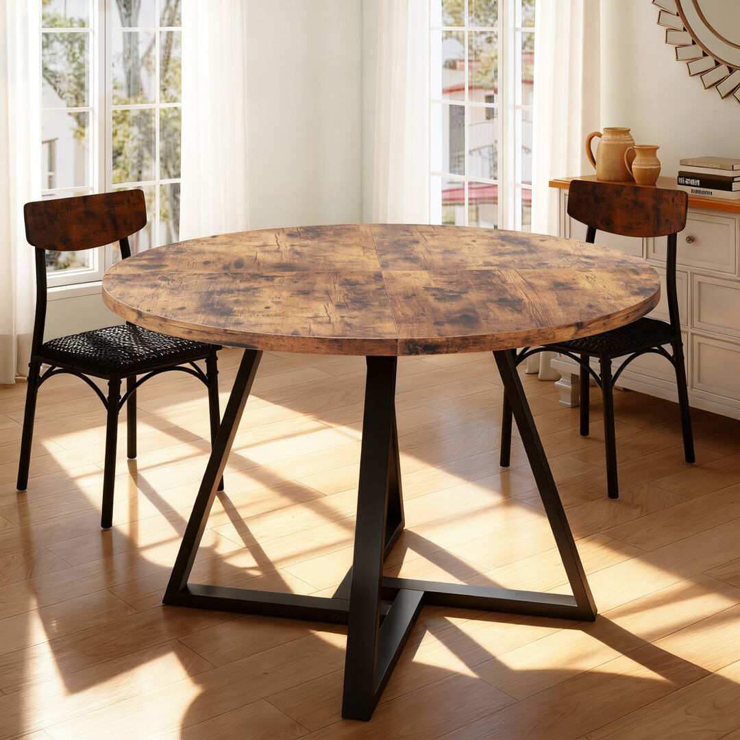 Rio Round Dining Table: Pedestal Metal Frame, Space-Saving Industrial Style Dark Brown Wood 76cm H x 120cm W x 120cm D
