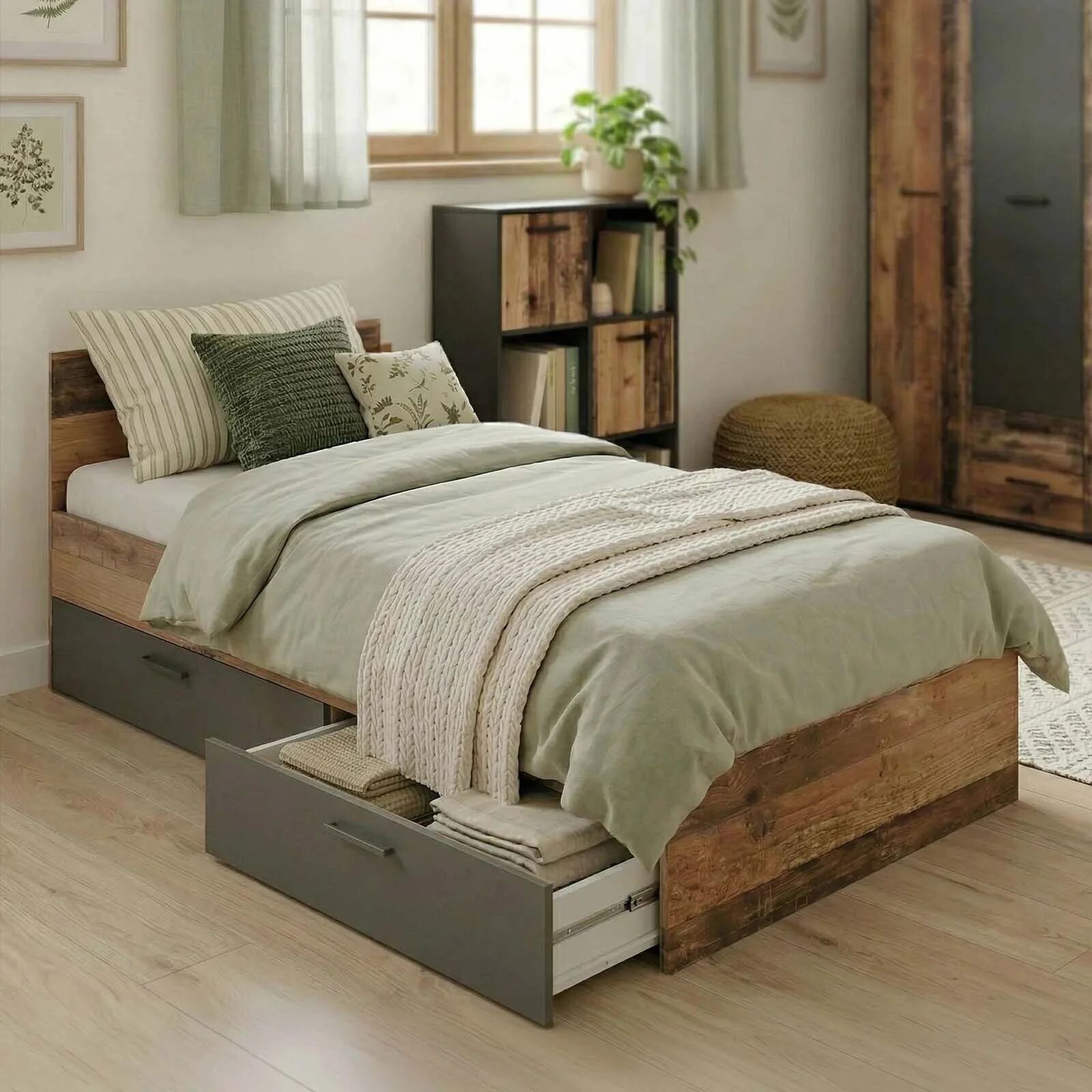 garneroarredamenti Letto singolo 90x200 con 2 cassetti grafite rovere rustico Fada