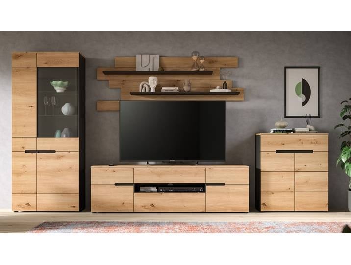 Wohnwand Anbauwand Canu , 4-teilig , Artisan / Basalt Grau , LED Beleuchtung