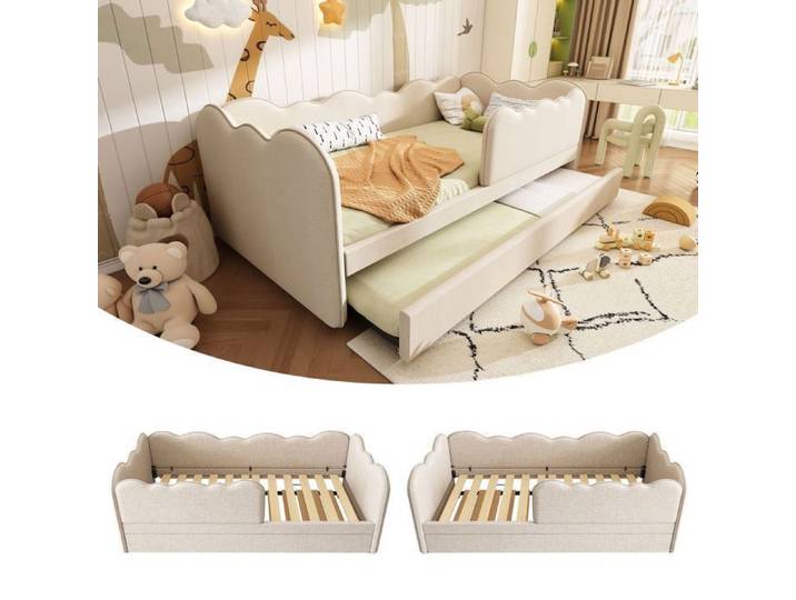 lit gigogne 90x190 Six roulettes avec freins lit banquette cadre en fer dossier en éponge épaissie lin beige