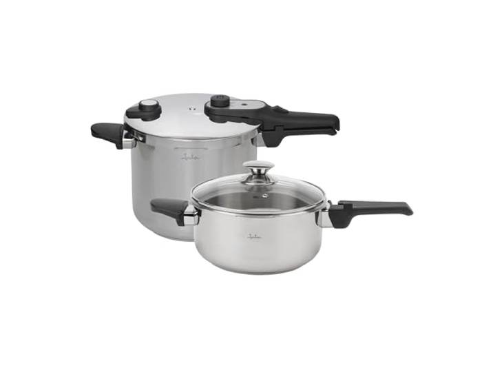 JATA Home HOLL2547 Express-Schnellkochtopf, 4 l + 7 l, Edelstahl, SUS304, Induktion, 2 Druckstufen, Dreifach-Sicherheitssystem, Glasdeckel, Diffusorboden