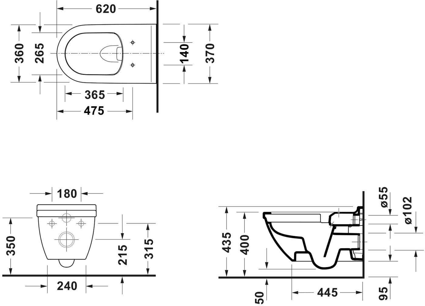 Duravit Starck 3 Wand-WC 62 cm rimless verdeckte Befestigung