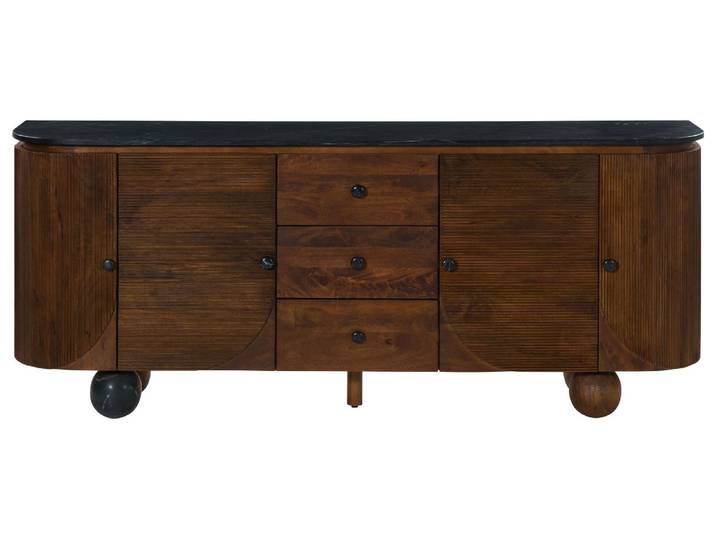 Sideboard Mango 200x40x80 dunkelbraun lackiert / Marmor schwarz FLORENZ #222
