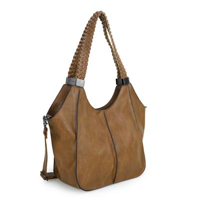 Schultertasche HARPA "ZOELLA", Damen, Gr. B/H/T: 26cm x 45cm x 16cm, braun (cognac), Lederimitat, unifarben, Taschen Schultertasche, mit geflochtenen Henkeln