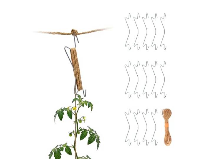 Relaxdays Crochets pour tomates\, Lot de 15\, Ficelle Jute compostable 15 m\, concombres\, poivrons\, tuteur métal Argent