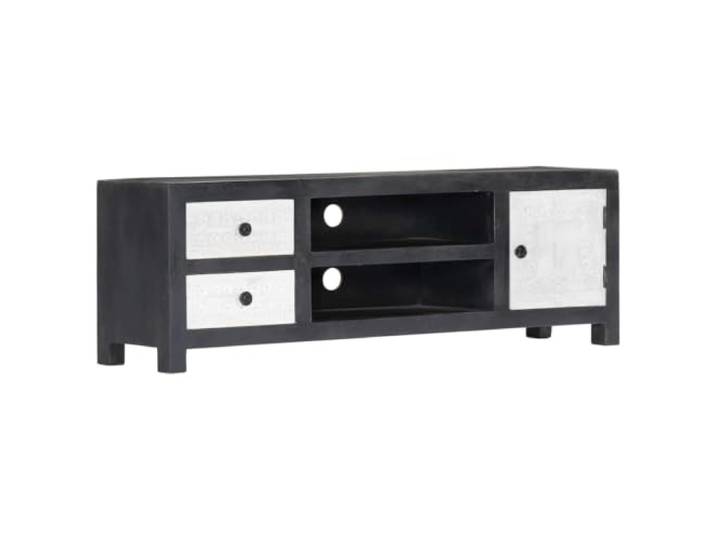 hliofuir TV-Schrank Sideboard Mango Massivholz 120x30x40 cm Grau Weiß Handgeschnitzte Fronten mit 1 Tür, 2 Schubladen und Kabelöffnung schaffen Ordnung im Wohnzimmer sowie Schlafzimmer.