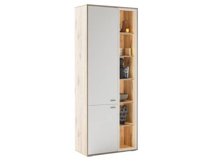 Lomadox Wohnzimmer Esszimmer Vitrine Vitrinenschrank breit Eiche weiß, inkl. LED-Beleuchtung, modern