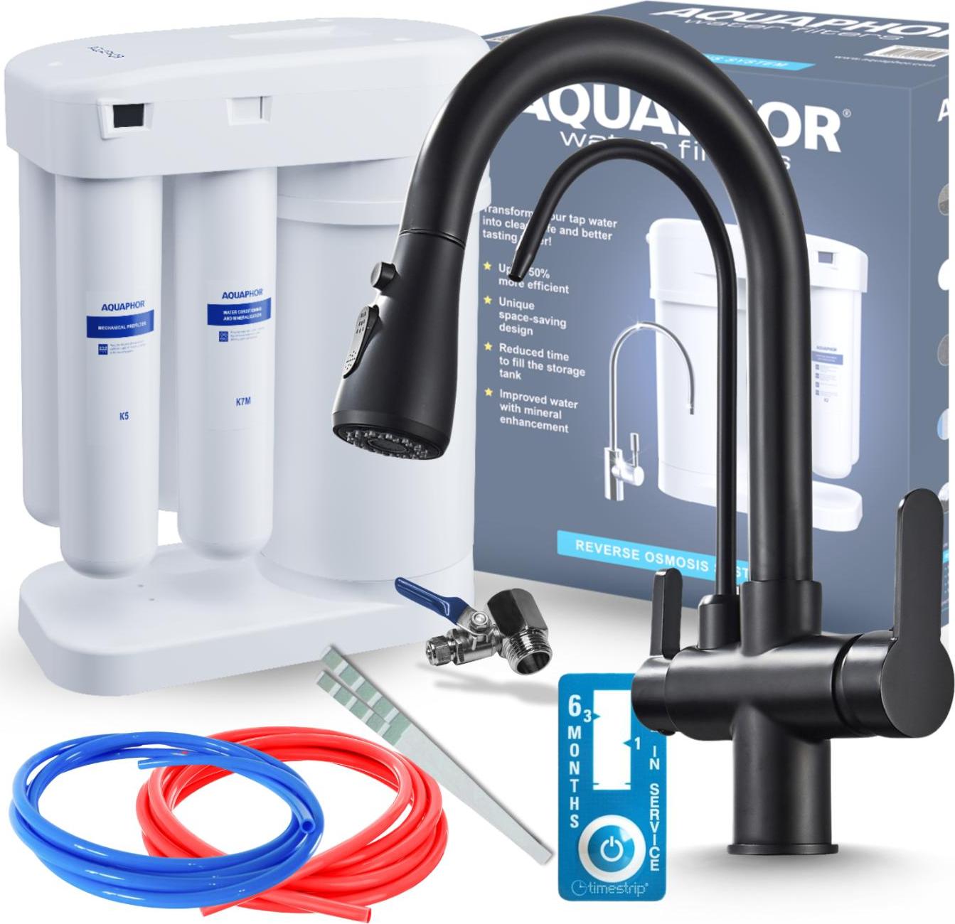 Wasserfilter Set Morion mit 3-Wege Küchenarmatur Nordic Schwarz matt, Umkehrosmose, Herausziehbare Brause, 360° schwenkbar
