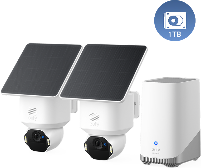 eufy SoloCam E42 4K Solar PTZ Camera (2-Cam Kit + HomeBase S380) + 1 TB Hard Drive
