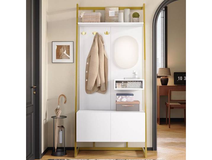 Vestiaire moderne - Porte manteau - Miroir intégré - 2 portes - Design compact - Blanc
