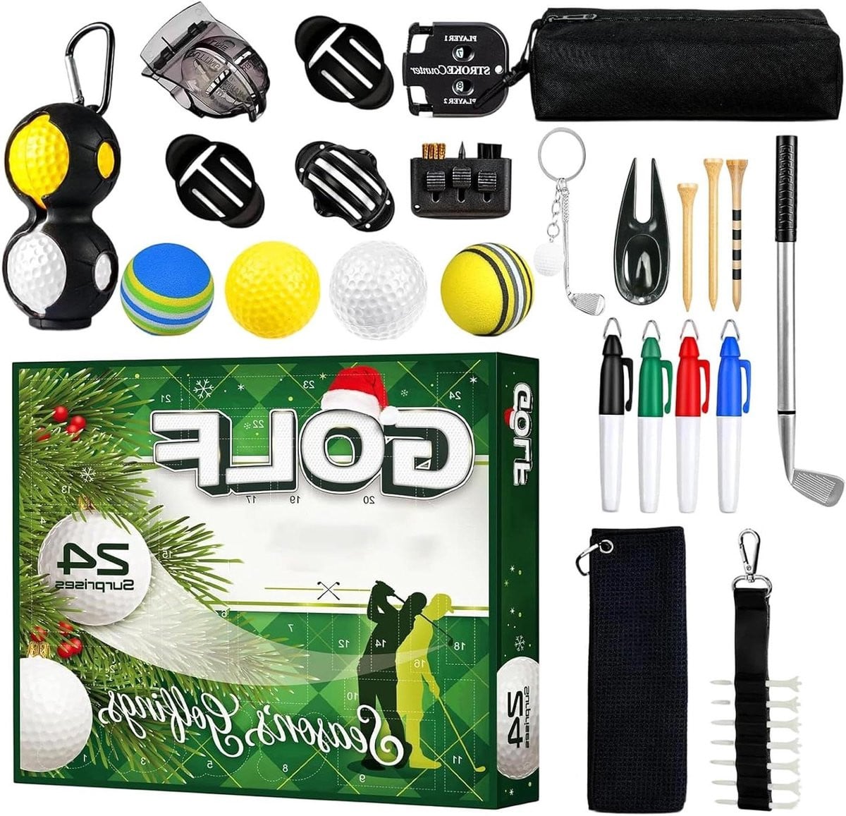 Aftelkalender Kerst Golf - Adventskalender met 24 Golf Accessoires - Multicolor - 35 x 27 cm