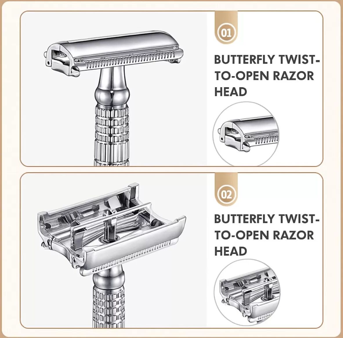 INF Butterfly Doppelkantensicherheitsrasierer-Set – Aluminiumlegierung & Edelstahl für Nassrasur Roségold