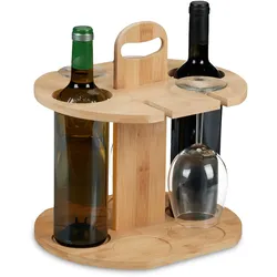 Relaxdays Weinbutler, Bambus, Weinhalter für 2 Flaschen & 4 Gläser, HBT: 30,5x30x25 cm, Geschenk Weinliebhaber, natur