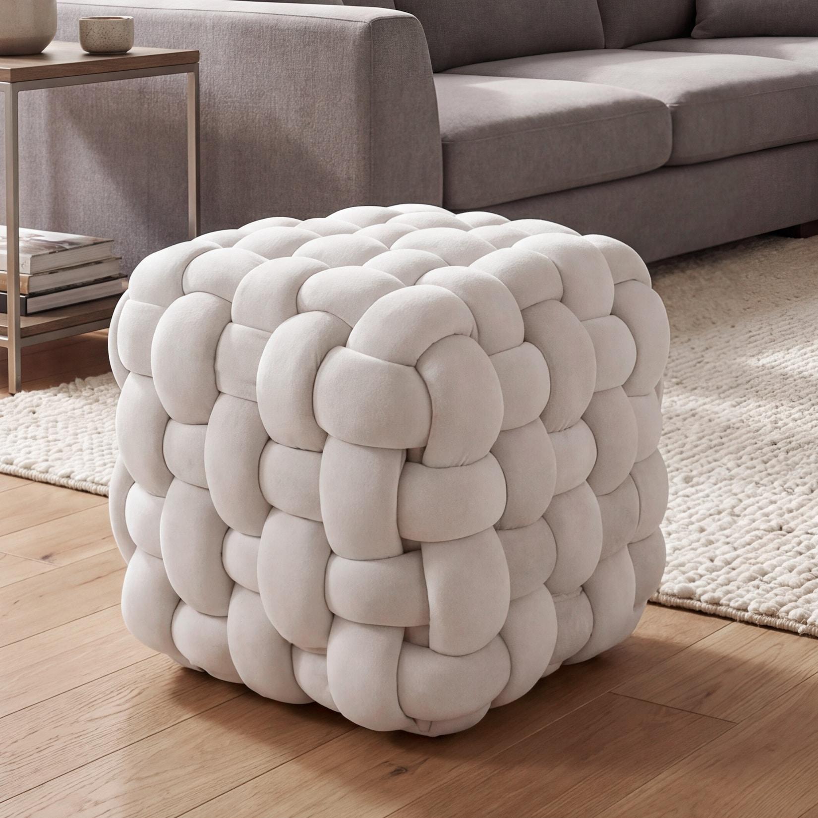 Hocker MCW-Q48, Sitzhocker Ottomane Polsterhocker Knoten-Pouf, Samt (220g/m²) 39cm ~ beige