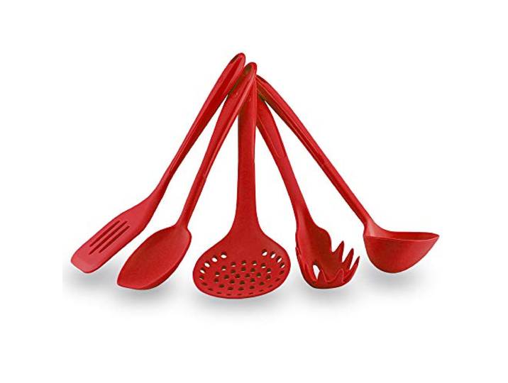Kochblume Küchenhelfer Set, 5-teilig, Flexwender, Saucenlöffel, Schaumlöffel, Pastalöffel, Schöpflöffel Premium Premium-Silikon & BPA freimit Edelstahlkern (rot)