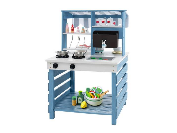 COSTWAY Spielküche, 2 in 1 Kinderküche aus Holz mit Wasserhahn