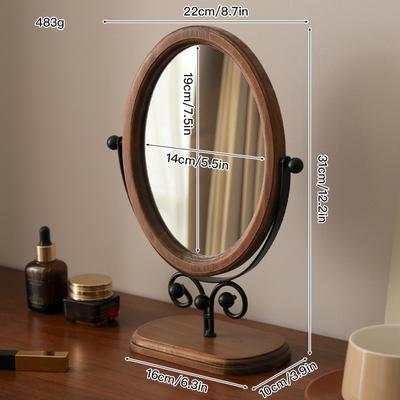 Fusion Finds Vintage Wooden Makeup Mirror Rotating Desktop Vanity Mirror With Classic Wooden Stand brown Black