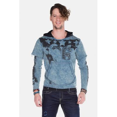 Kapuzensweatshirt CIPO & BAXX "Sweatshirts", Herren, Gr. S, blau (indigo), 100% Baumwolle, bedruckt, slim fit normal, Rundhals, leicht ausgefranste Kante, Sweatshirts, im Lagenlook, CL-279