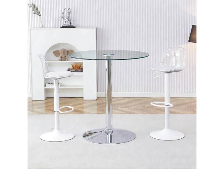 Ensemble de bar - OEM - Table en verre 89 cm - 2 tabourets réglables - Argent - Transparent