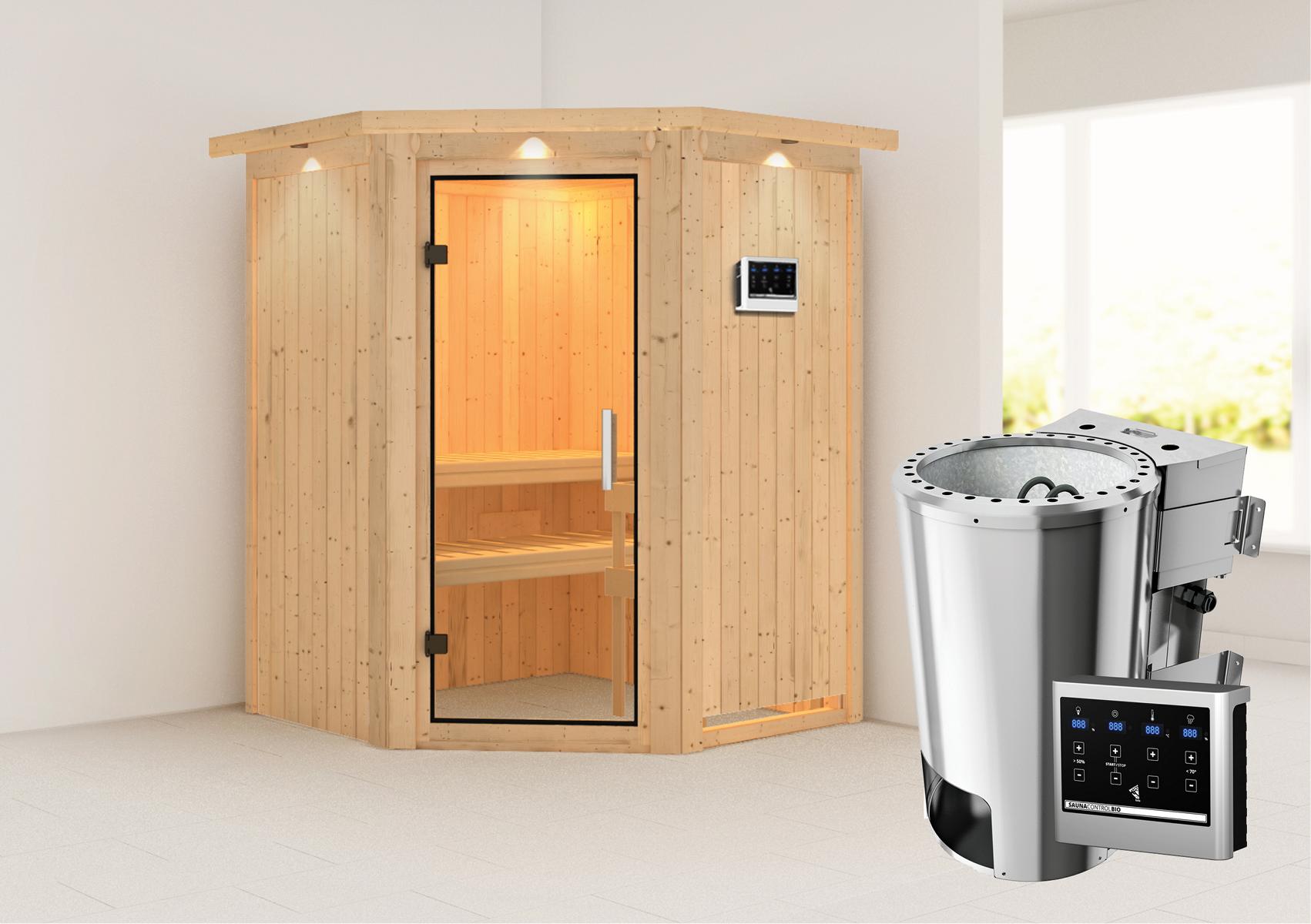 KARIBUHOLZT Sauna Nanja Eck 3,6kW Bio.ext. Stg klarglas GGT u. D 16879969
