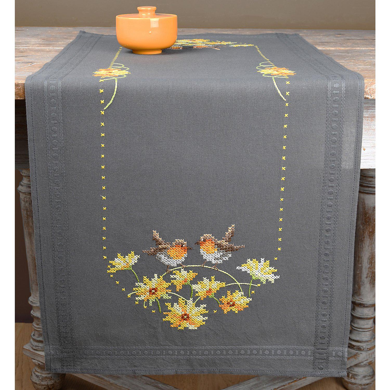 Stickläufer "Rotkehlchen & gelbe Blumen"