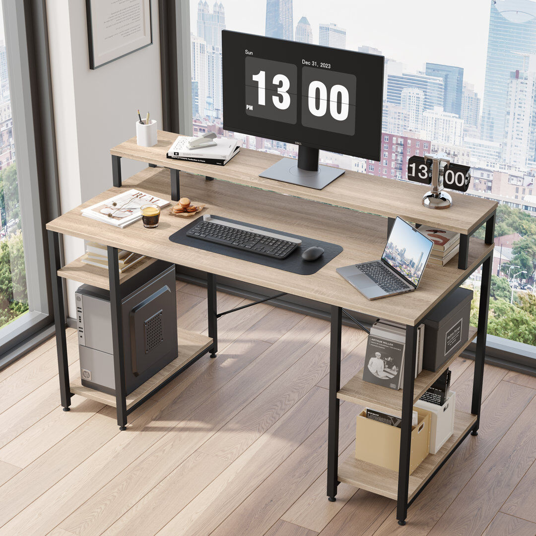 Blue Elephant Kinslee 55inch Computer Desk with Monitor Stand Oak 85.5cm H X 140cm W X 60cm D