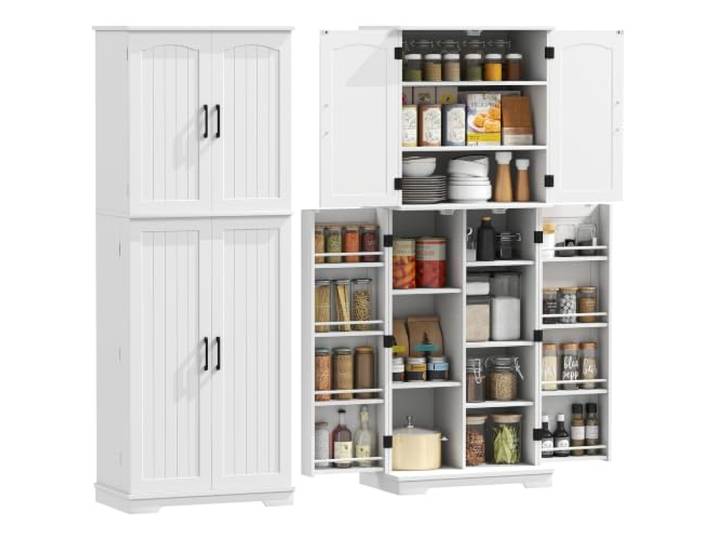 HOMCOM Hoher Küchenbuffet 4 Türen 60x35x162 cm, Weiß Küchenschrank, 10 Fächer, 8 Gewürzregale, verstellbare Böden, für Wohn- und Esszimmer