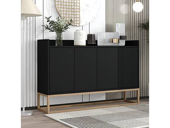 Merax Sideboard Kommode im minimalistischen Stil, Modernes Buffetschrank mit 4 Türen, Metallbeinen, Schubladenkommode mit Verstellbares Regal, Mehrzweckschrank für Esszimmer, Wohnzimmer, Schwarz