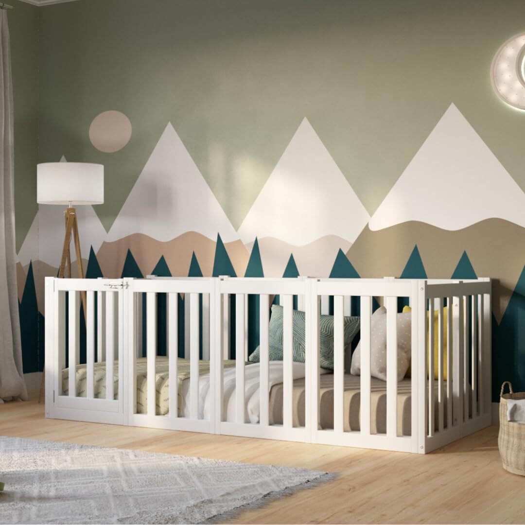 Crazy Pine Kinderbett 140x200 cm - Weiß - Montessori Bodenbett mit Hohem Rausfallschutz 73cm und Öffnbarer Barriere - Crazy John