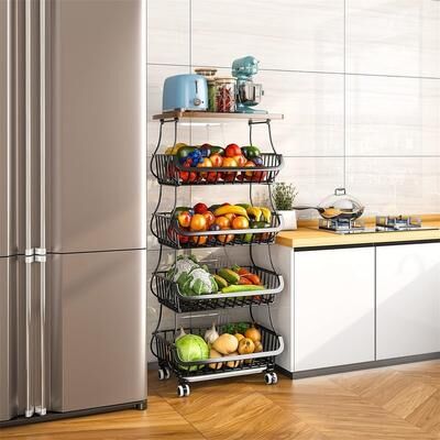 No 5 Tier Fruit Vegetable Basket for Kitchen with Wooden Tabletop
