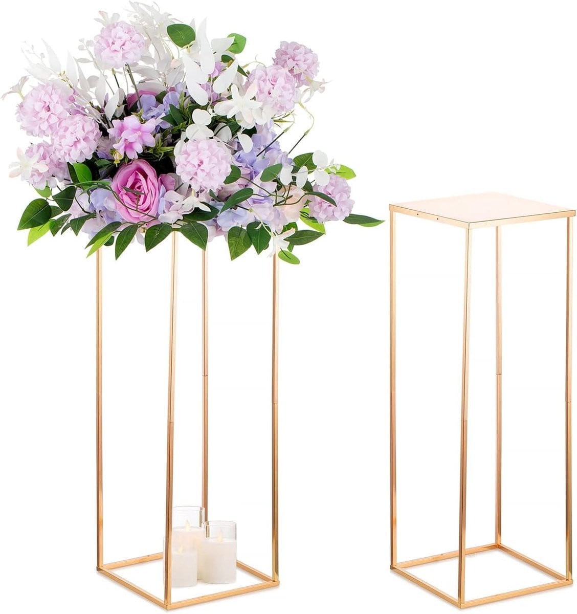 Set van 10 gouden metalen geometrische kolomvazen voor decoratie, Hoogte: 80 cm