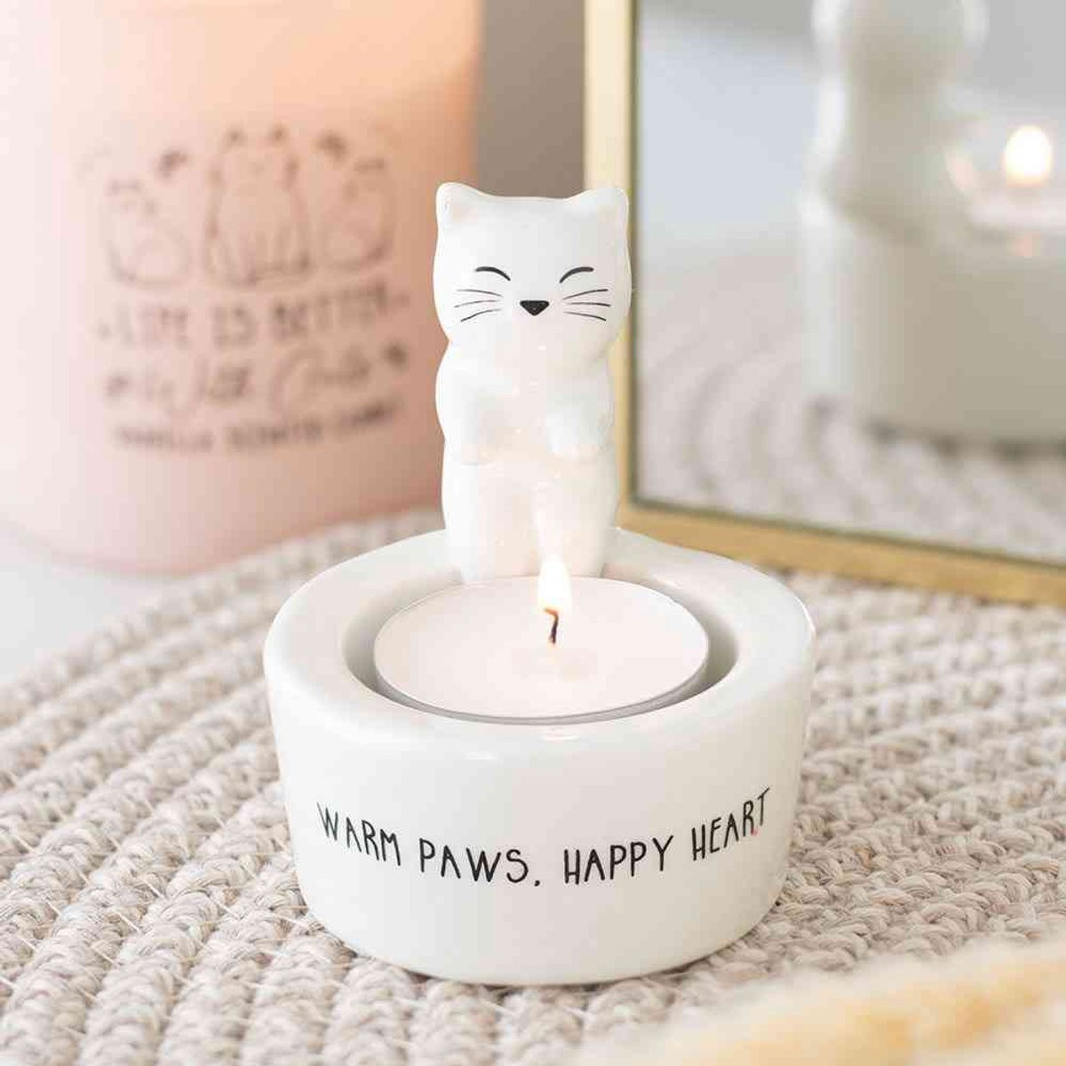 Something Different Warm Paws Happy Heart Kat Theelichthouder - Wit