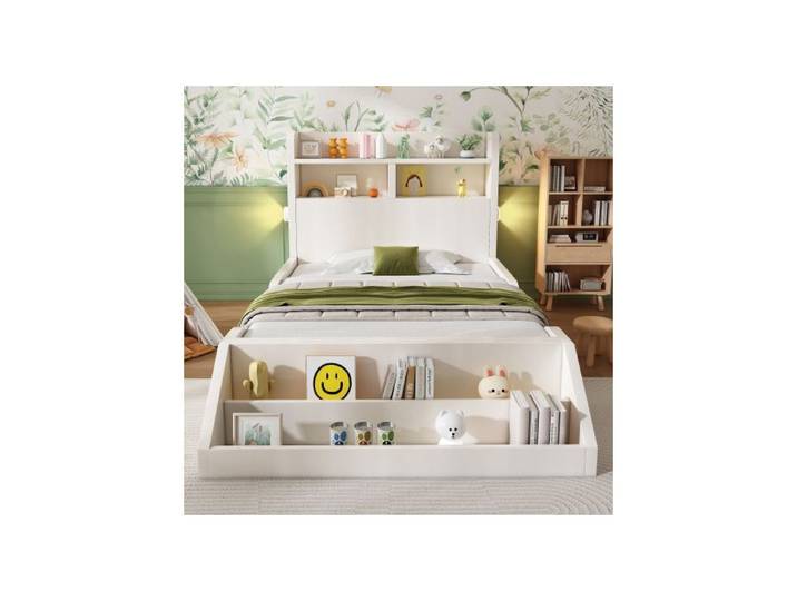 Lit enfant - 90x200 - Veilleuse magnétique réglable - Étagères intégrées - Bibliothèque amovible