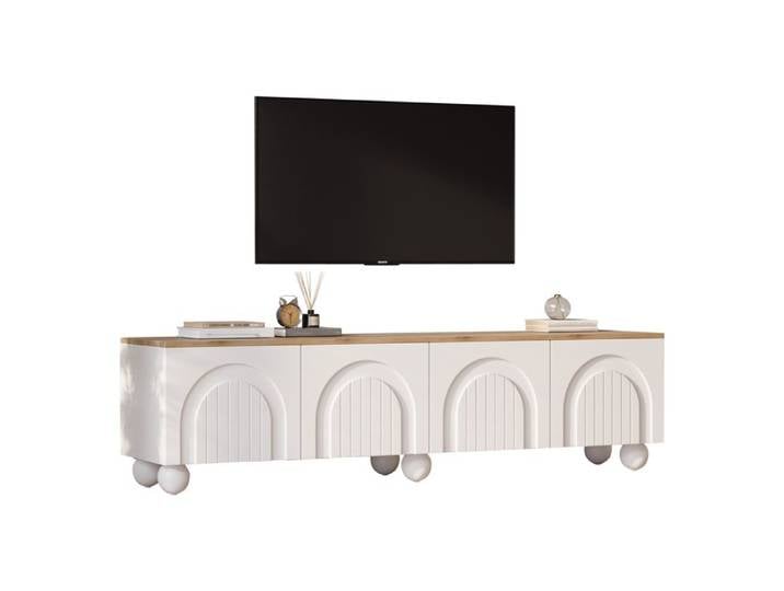 Meuble TV Blanc lowboard moderne style minimaliste 180 cm de long avec 4 tiroirs - meuble bas Pour téléviseurs jusqu'à 80 pouces
