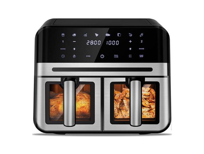 Fukstern Heißluftfritteuse 2 Kammern, 2 Schubladen,Airfryer 11L mit Sichtfenster, Touchdisplay, 8 voreingestellte Programme, unabhängiger Temperaturregelung, Antihaft-Metallkörbe, 5.5L+5.5L, fettarmes gesundes Kochen, 2400 W, 2400 W, inklusive Grillzange (Backzange) und Öl-Pinsel