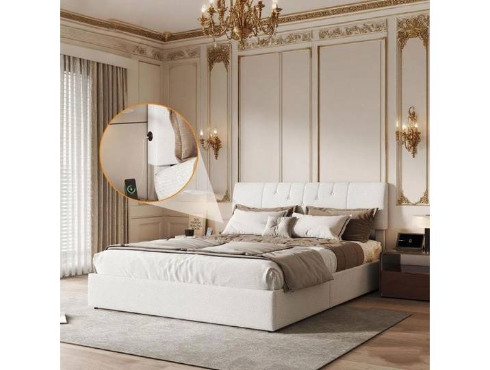 Lit Double 140x200 Lit Coffre avec sommier à lattes et rangement USB Lit Double en polaire peluche Moderne Teddy velvet Blanc
