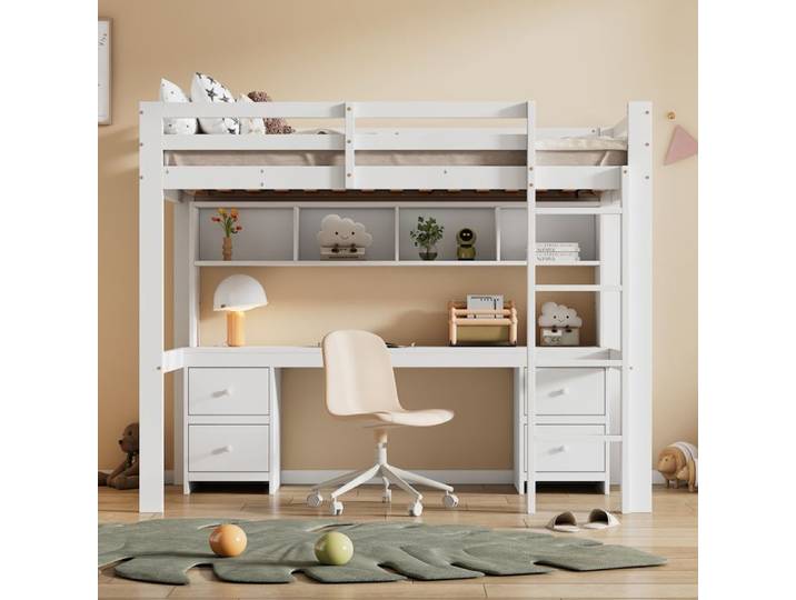 Lit enfant mezzanine 90 × 200 cm blanc avec bureau et rangements