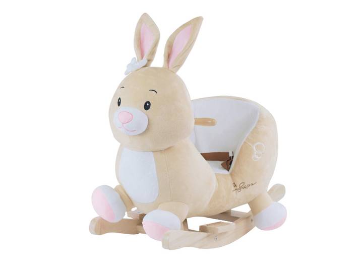 Schaukeltier Hase Hopsi, Creme, Weiß, Hellbraun, Holz, Pappel, 31x53x60 cm, Fußstützen, Haltegriffe, gepolsterte Sitzfläche, Gurtsystem, Spielzeug, Babyspielzeug, Schaukeltiere & Hüpftiere