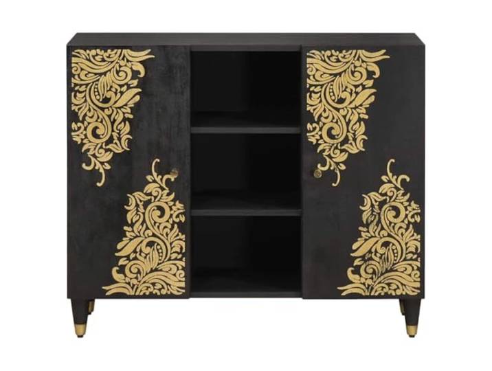 KTHLBRH Sideboard mit Tür, schwarz, 90 x 33 x 75 cm, Massivholz, Mangoholz Modernes Design, Messinggriffe, verstellbare Regale, 2 Türen, Esszimmer