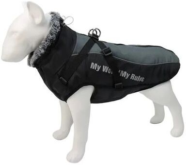 ModernMart Large Dog Winter Coat: Waterproof Jacket With Harness & Furry Collar Grey 4XL