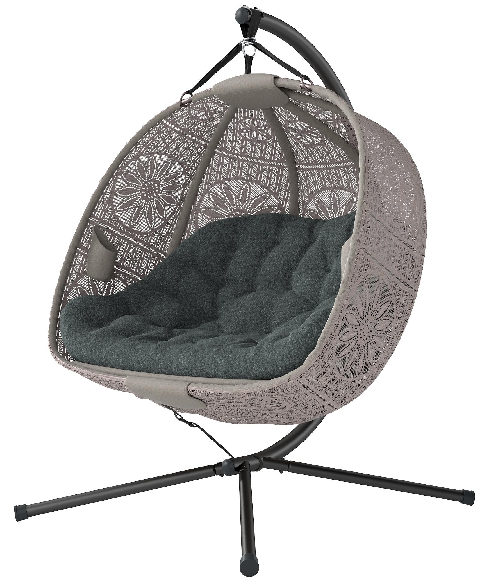 Eiförmige Hängeschaukel klappbar, Hängesessel mit Gestell für 2 Personen, Schaukelsessel Eiersessel, Sand-Schwarz | bis 240 kg | 132x126x172 cm