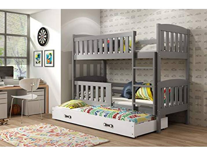 Interbeds Etagenbett 200x90 cm für 3 Kinder Stockbett Hochbett Holzbett Kiefernholz Kinderbett zusätzlicher Schlafplatz in der Schublade Jugenbett mit Lattenrost und Rausfallschutz (grau, 200x90)