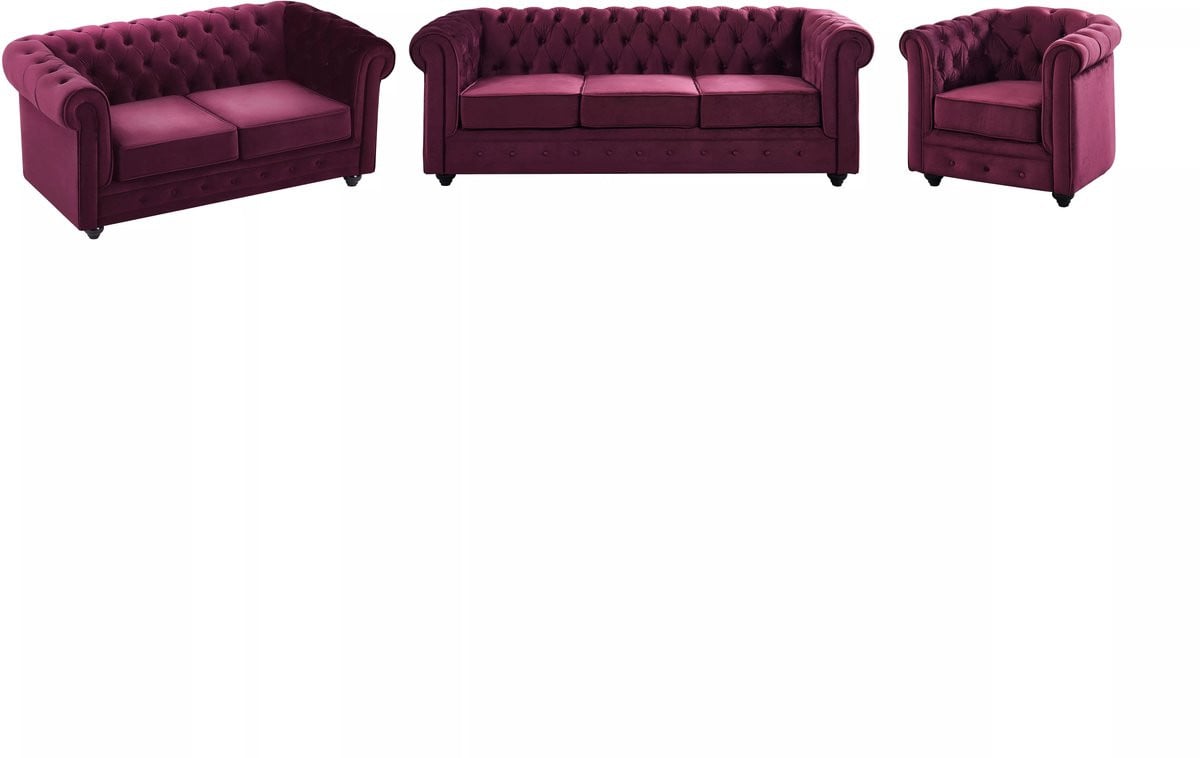 Chesterfield bankset in paars velours met drie- en tweezitsbank en fauteuil